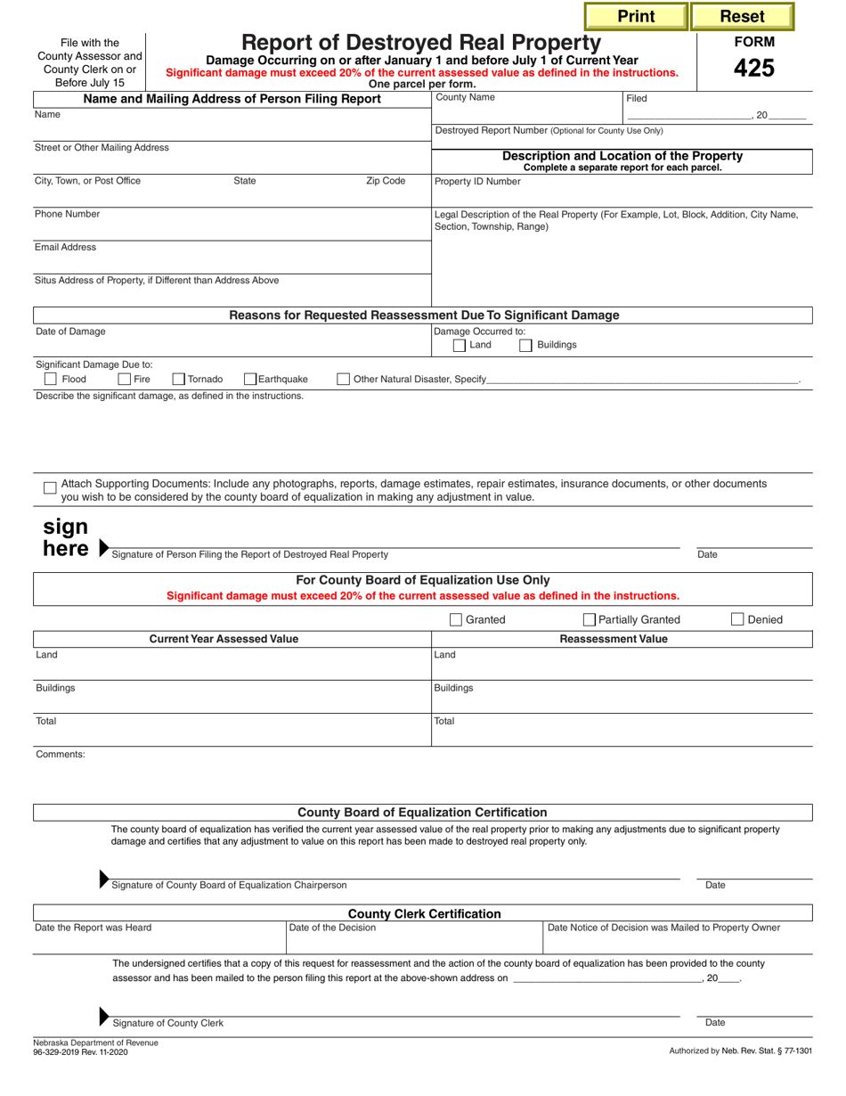 Form 425 (96-329-219) Report of Destroyed Real Property - Nebraska, Page 1