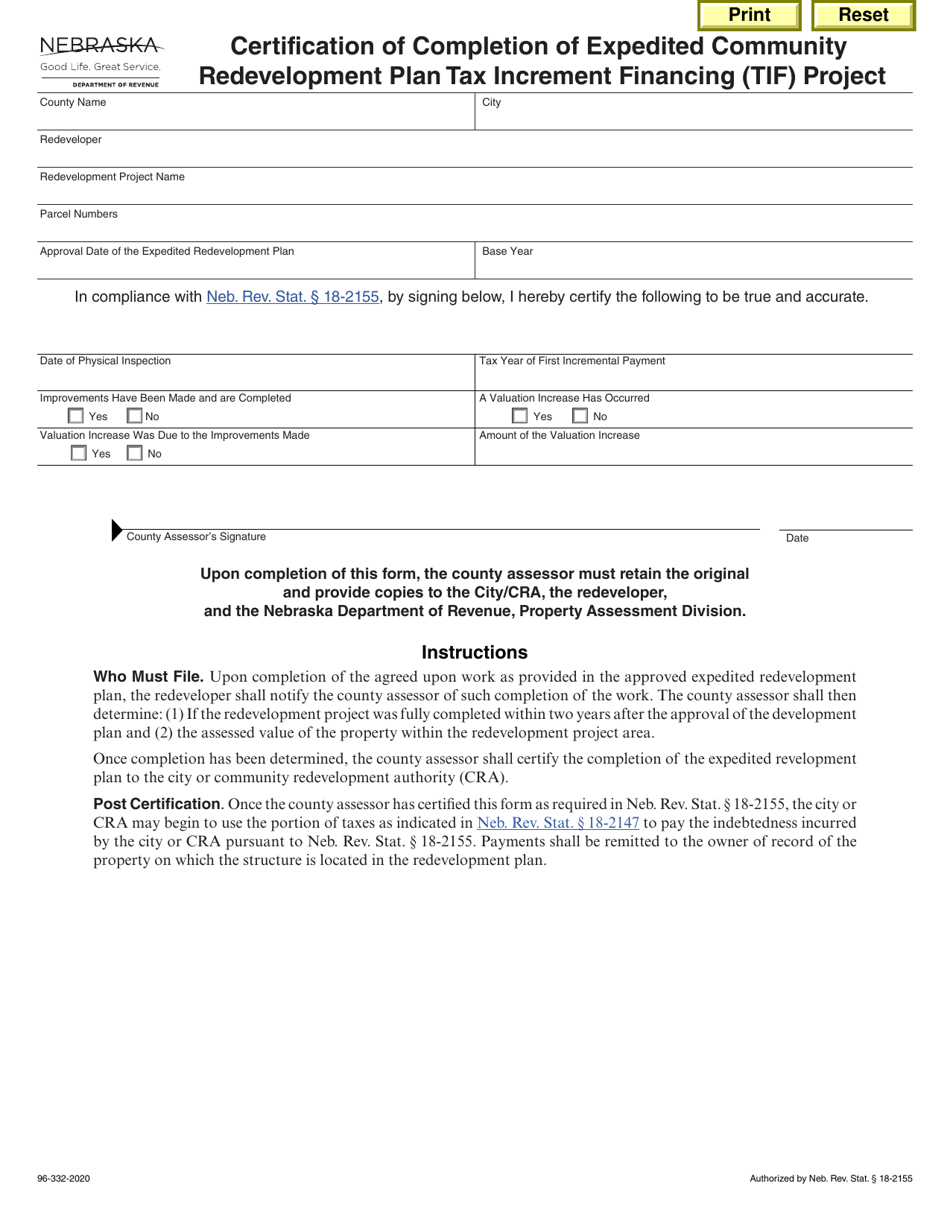 Form 96-332-2020 Certification of Completion of Expedited Community Redevelopment Plan Tax Increment Financing (Tif) Project - Nebraska, Page 1