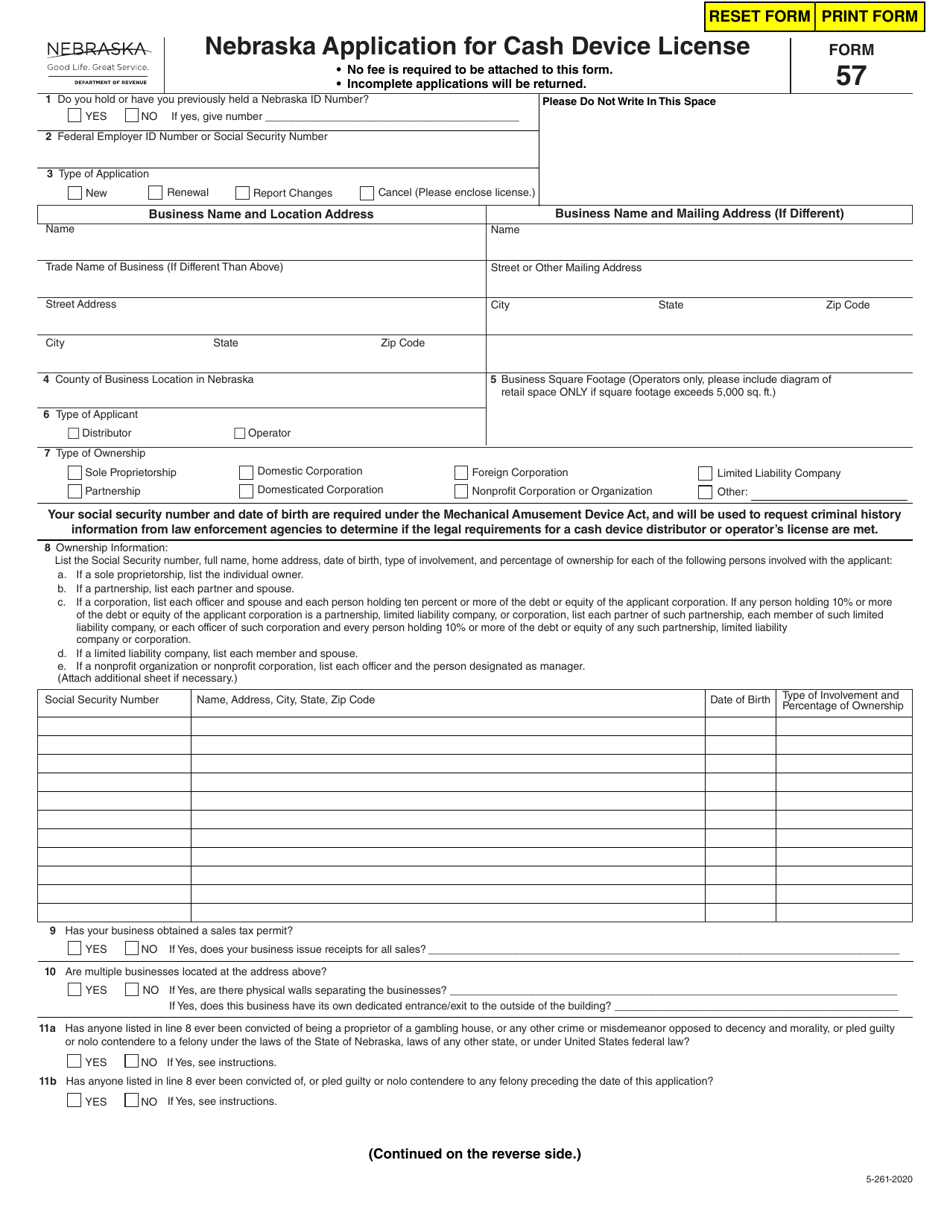Form 57 (5-261-2020) Nebraska Application for Cash Device License - Nebraska, Page 1
