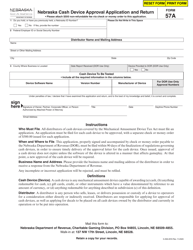 Document preview: Form 57A (5-258-2019) Nebraska Cash Device Approval Application and Return - Nebraska