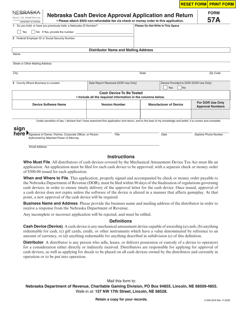 Form 57A (5-258-2019) Nebraska Cash Device Approval Application and Return - Nebraska, Page 1