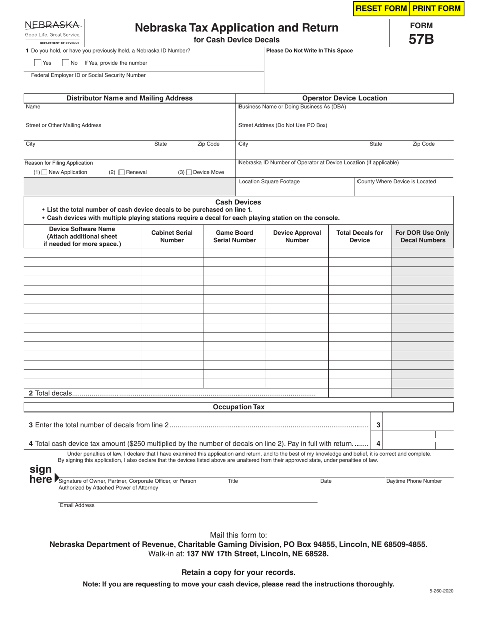 Form 57B (5-260-2020) Nebraska Tax Application and Return for Cash Device Decals - Nebraska, Page 1