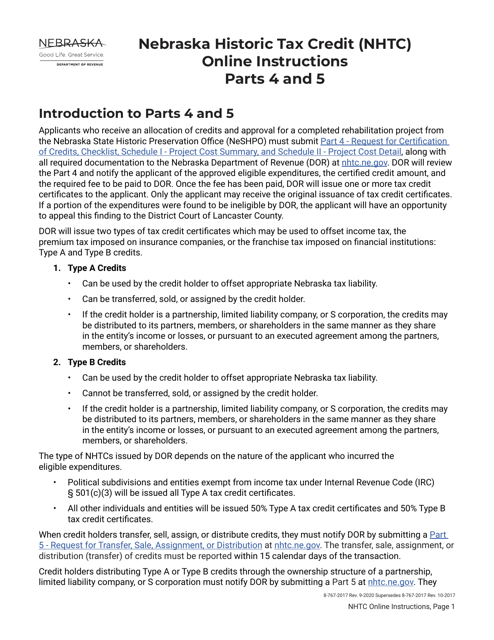 Instructions for Form 8-767-2017 Part 4, 5 Nebraska Historic Tax Credit (Nhtc) - Nebraska