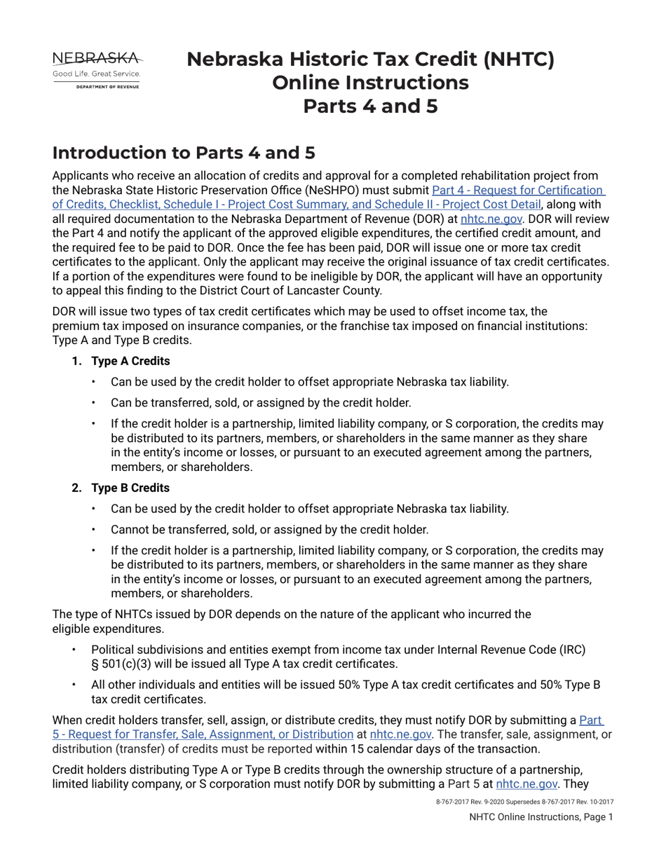 Instructions for Form 8-767-2017 Part 4, 5 Nebraska Historic Tax Credit (Nhtc) - Nebraska, Page 1