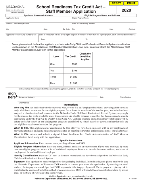 Form 8-770-2020 School Readiness Tax Credit Act - Staff Member Application - Nebraska, 2020