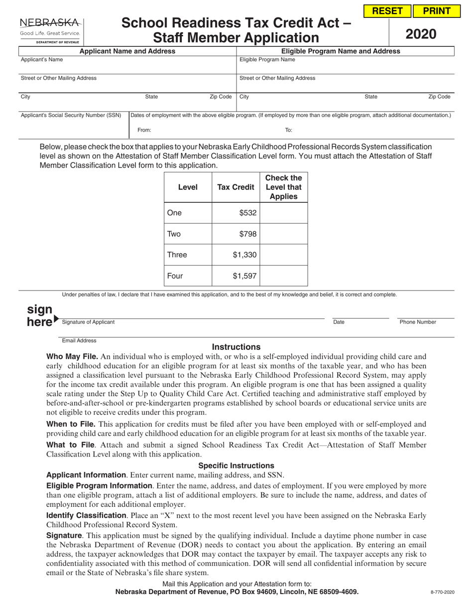 Form 8-770-2020 School Readiness Tax Credit Act - Staff Member Application - Nebraska, Page 1