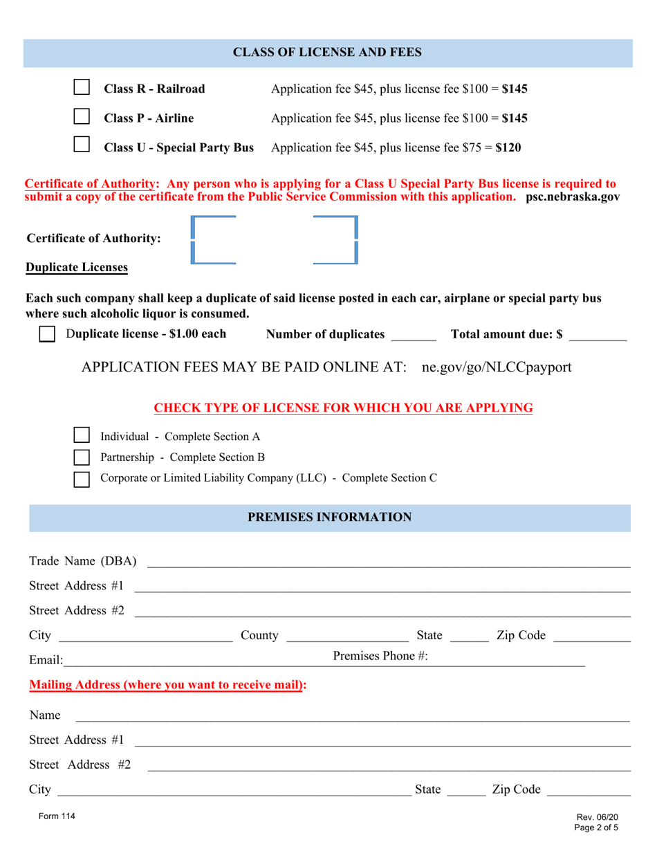 Form 114 Application for Liquor License: Railroad, Airline, Special Party Bus - Nebraska, Page 2