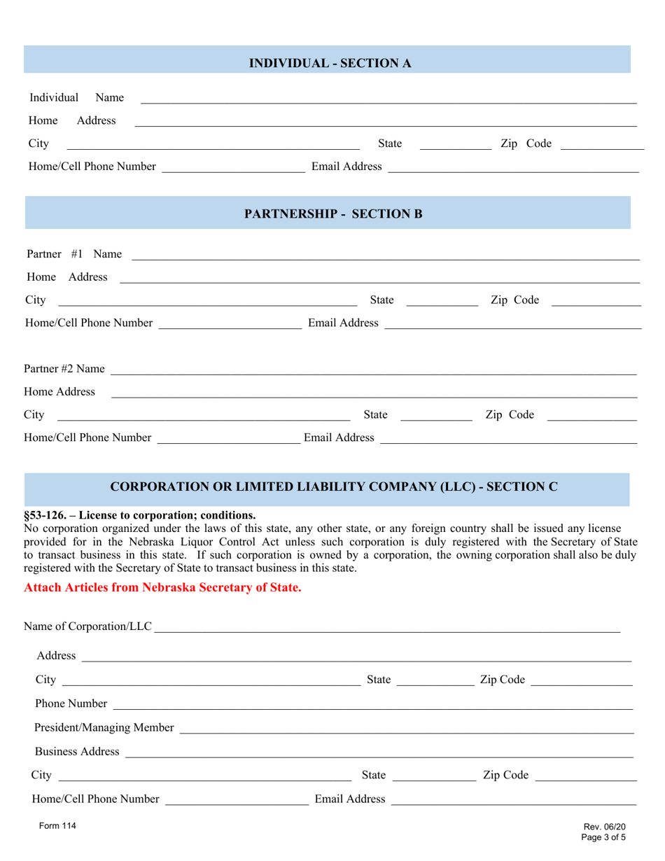 Form 114 Application for Liquor License: Railroad, Airline, Special Party Bus - Nebraska, Page 3