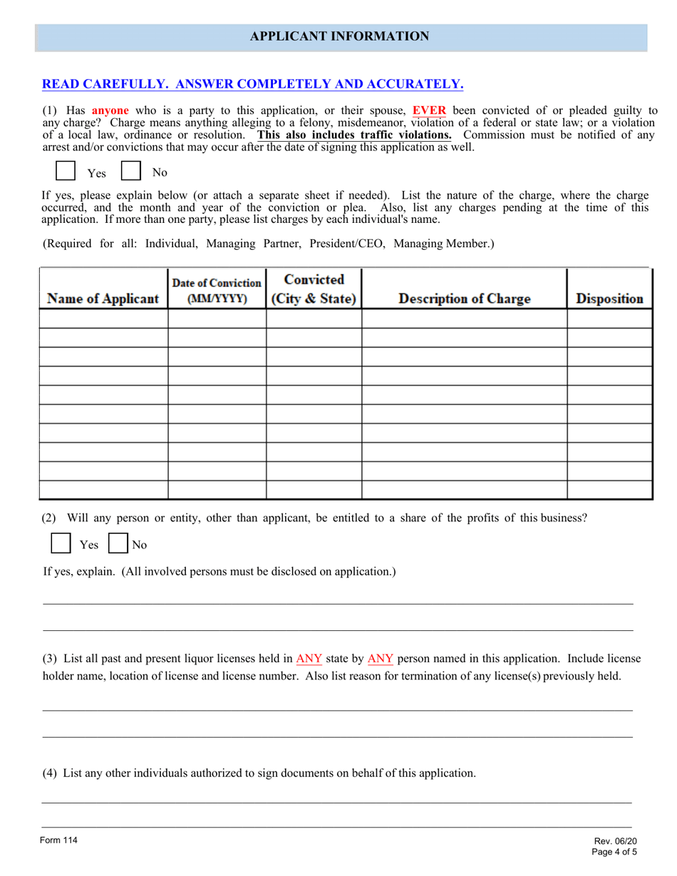 Form 114 Application for Liquor License: Railroad, Airline, Special Party Bus - Nebraska, Page 4