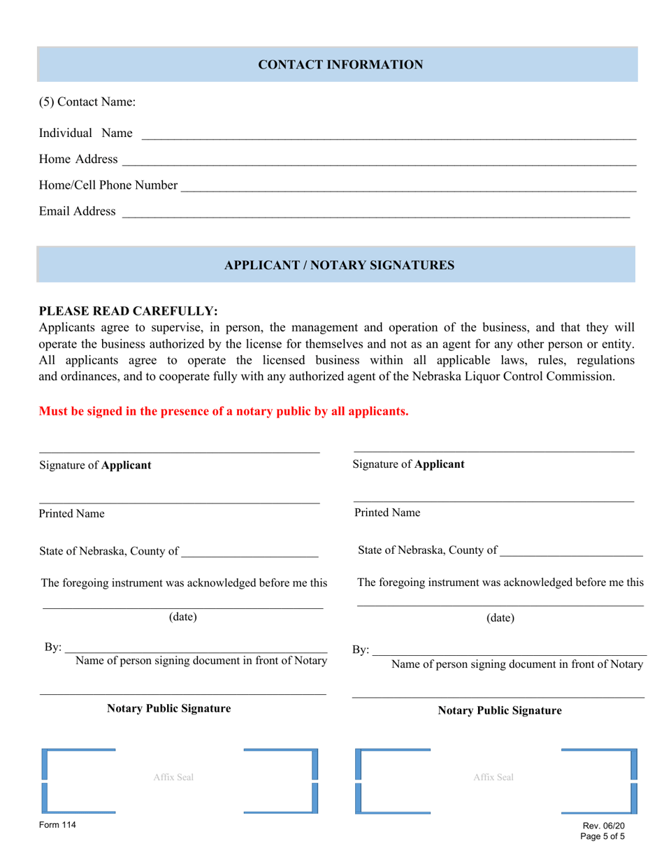 Form 114 Application for Liquor License: Railroad, Airline, Special Party Bus - Nebraska, Page 5