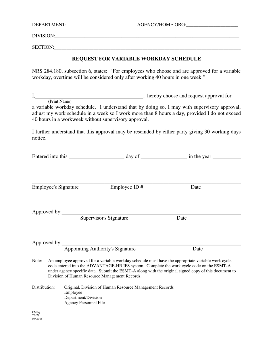 Form TS-78 Request for Variable Workday Schedule - Nevada, Page 1
