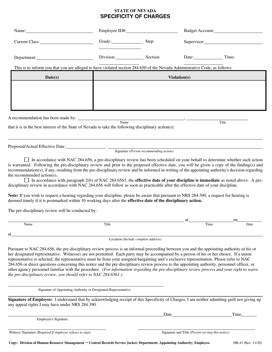 Form HR-41 Specificity of Charges - Nevada, Page 1
