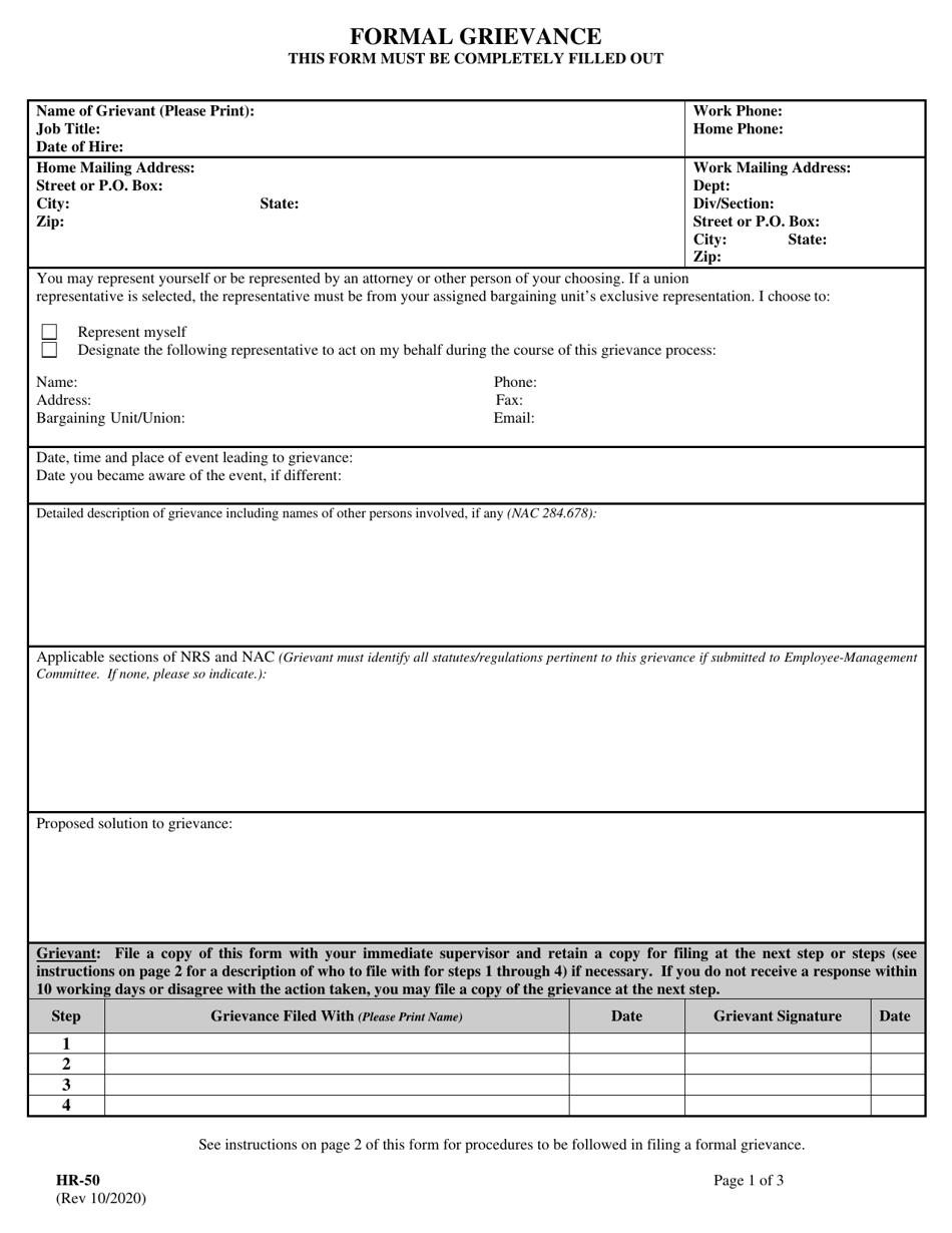 Form HR-50 Formal Grievance - Nevada, Page 1