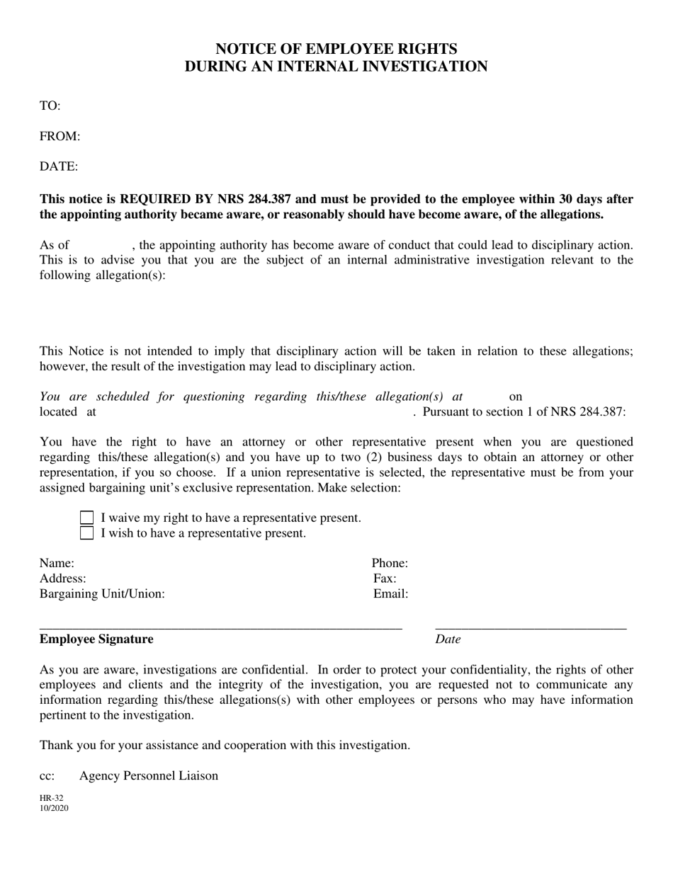 Form HR-32 Notice of Employee Rights During an Internal Investigation - Nevada, Page 1