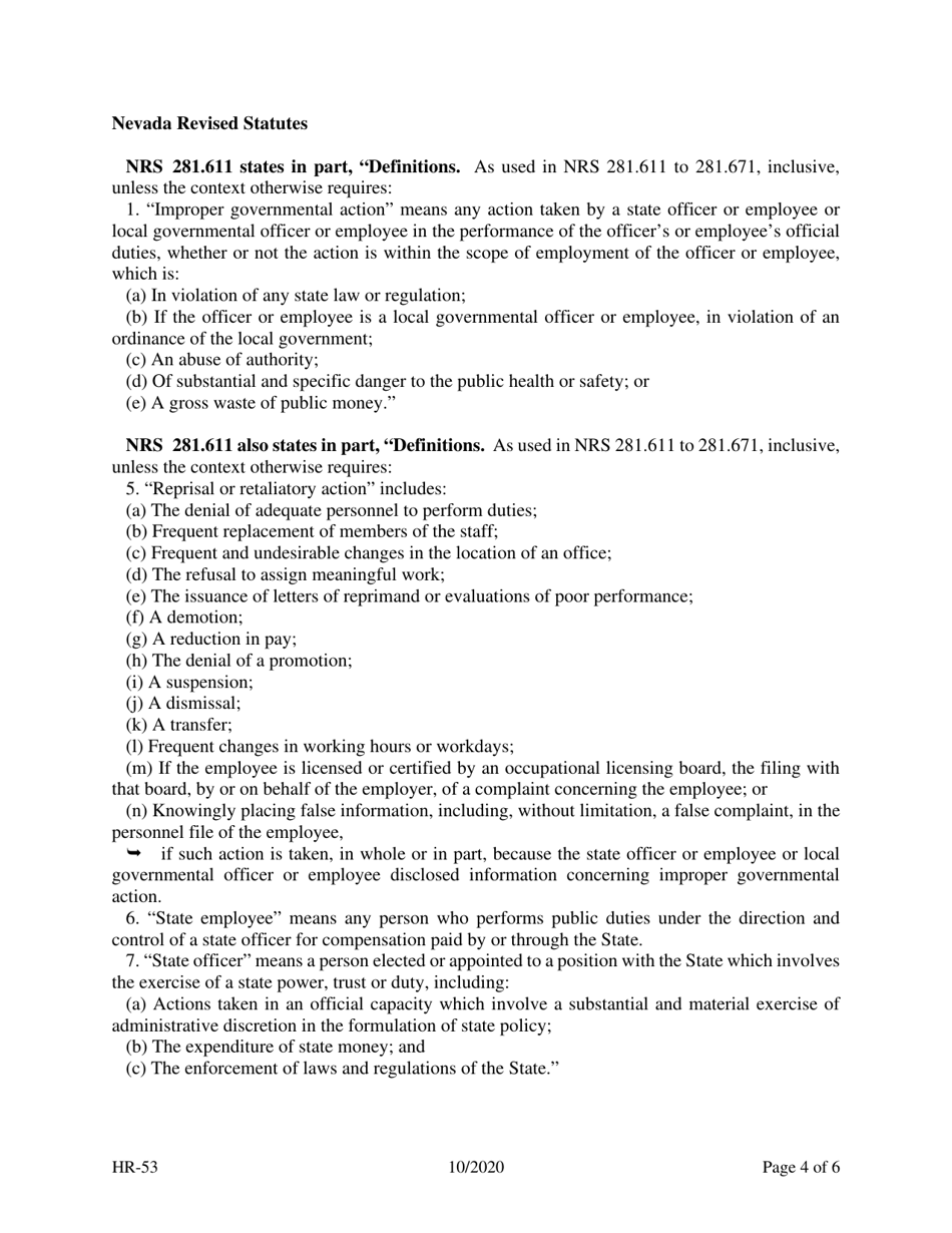 Form HR-53 Appeal of whistleblower Retaliation Under the Provisions of Nrs 281.641 - Nevada, Page 4