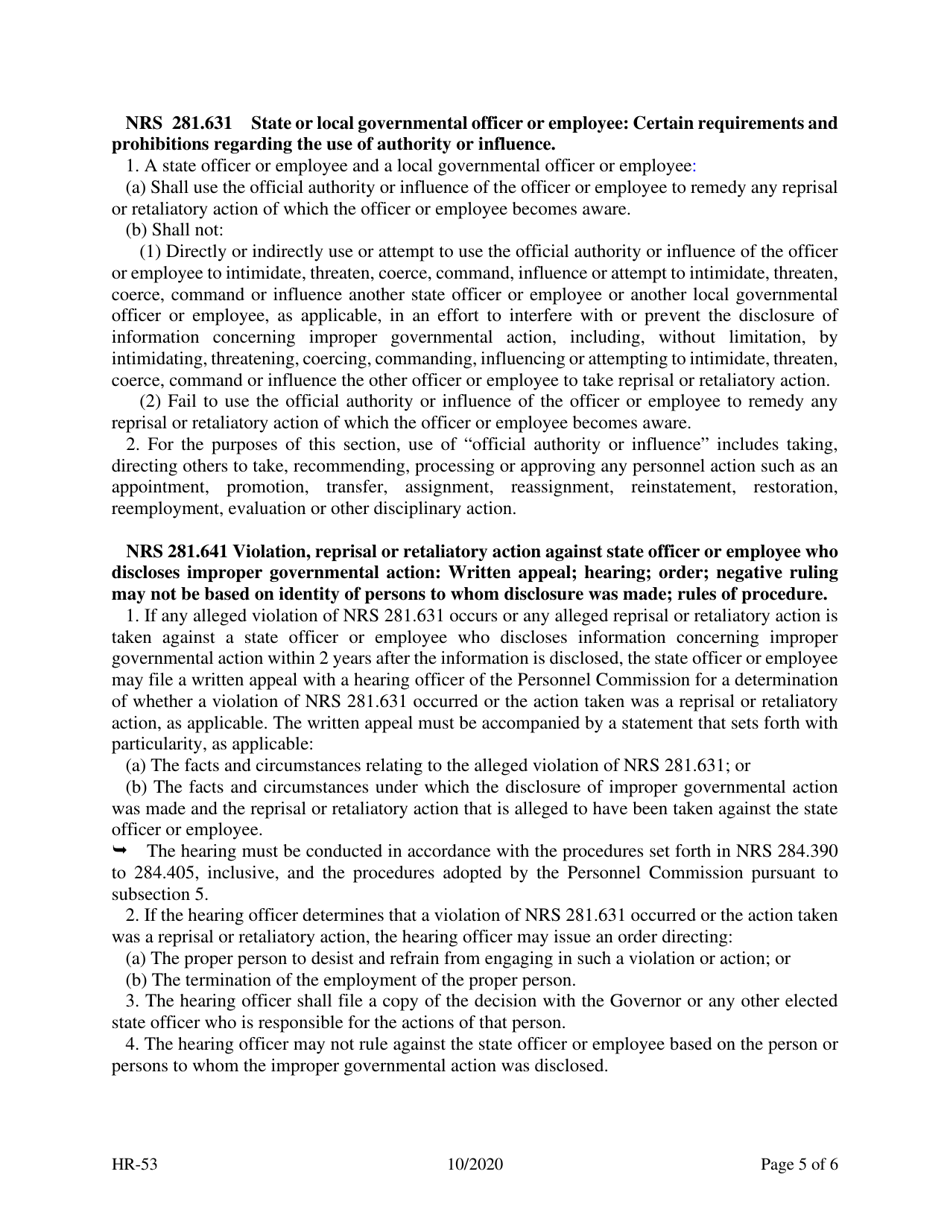 Form HR-53 Appeal of whistleblower Retaliation Under the Provisions of Nrs 281.641 - Nevada, Page 5