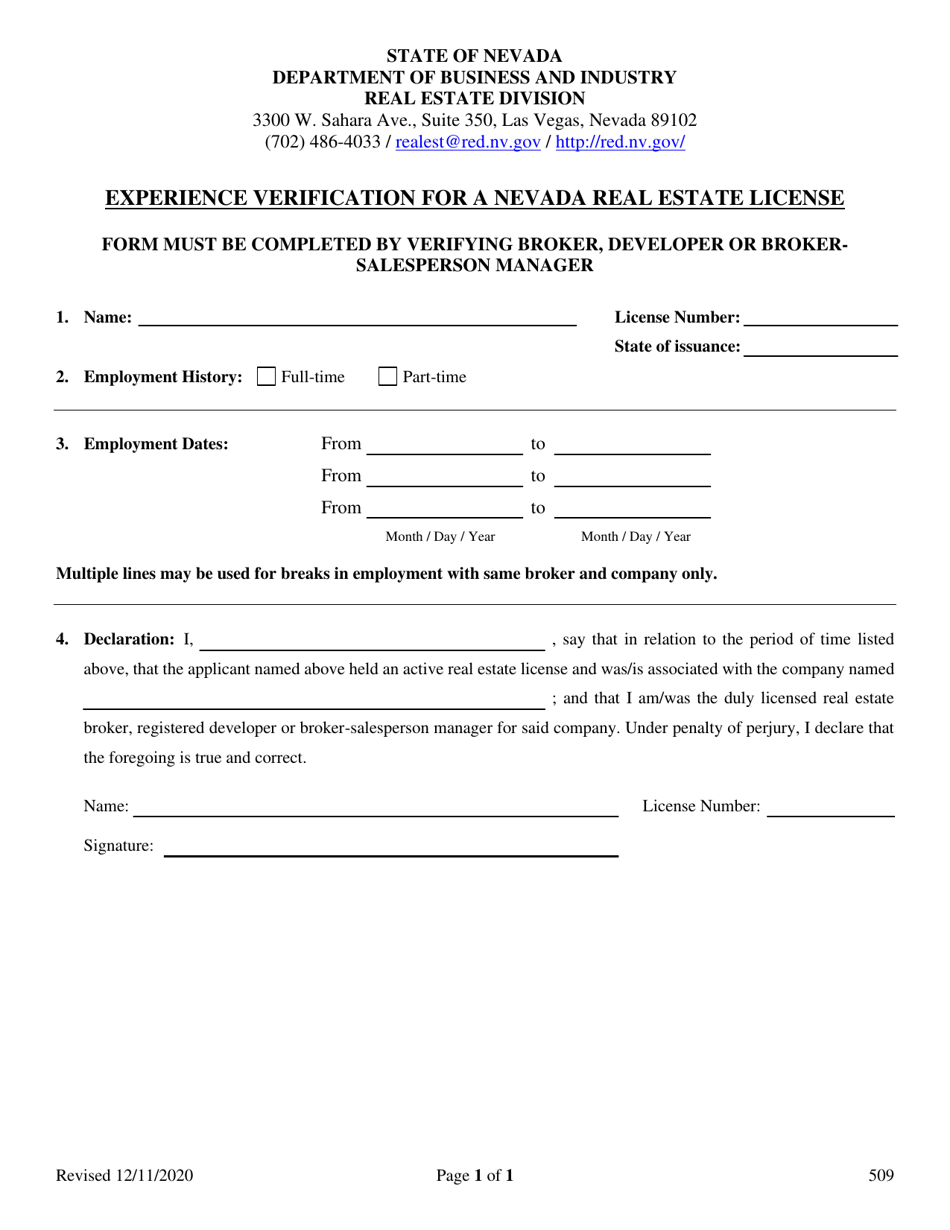 Form 509 Experience Verification for a Nevada Real Estate License - Nevada, Page 1