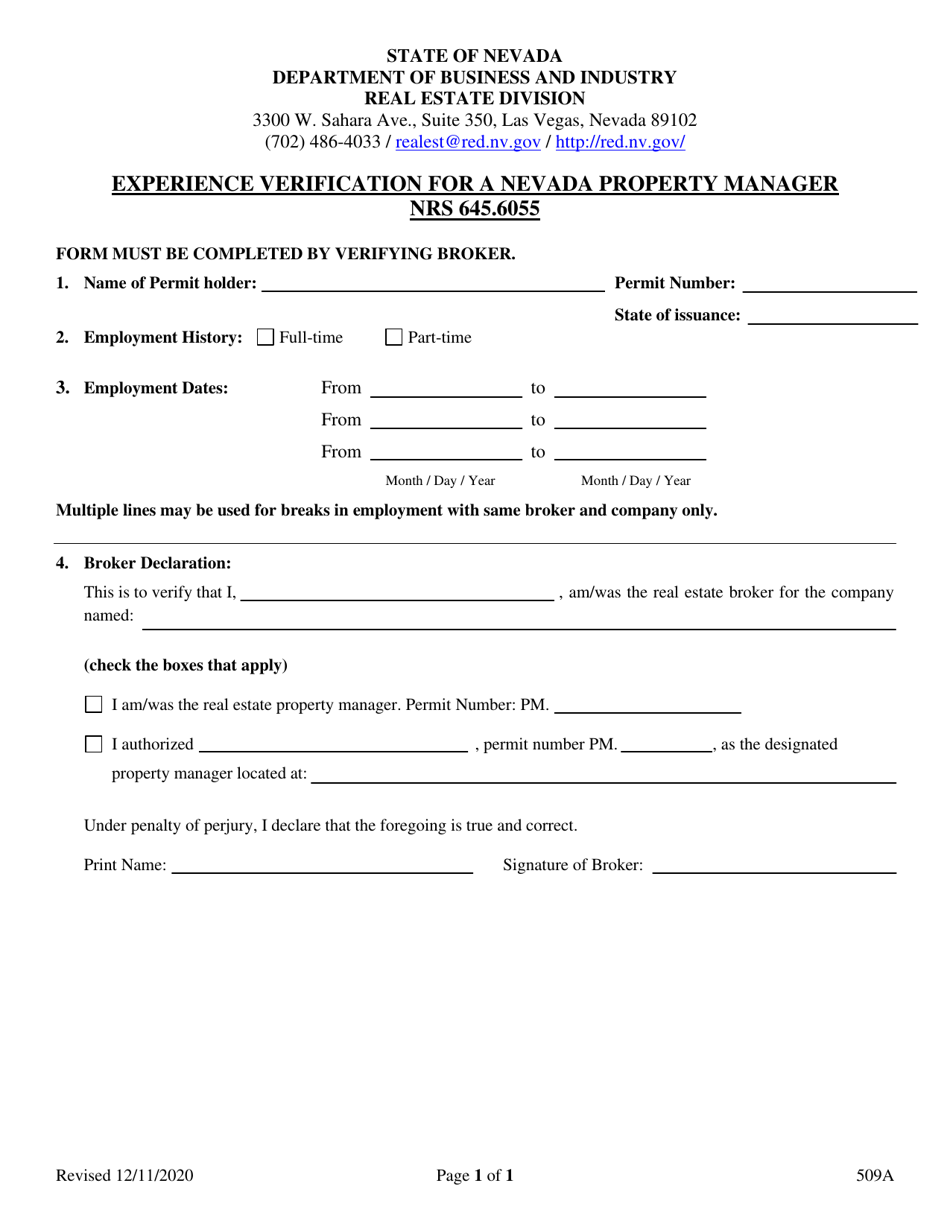 Form 509A Experience Verification for a Nevada Property Manager - Nevada, Page 1