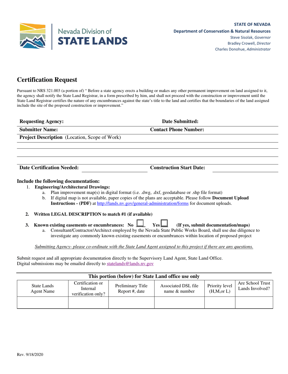 Certification Request - Nevada, Page 1