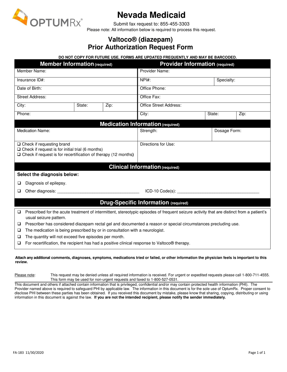 Form FA-183 Valtoco (Diazepam) Prior Authorization Request Form - Nevada, Page 1