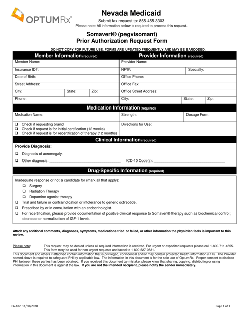 Form FA-182 Somavert (Pegvisomant) Prior Authorization Request Form - Nevada