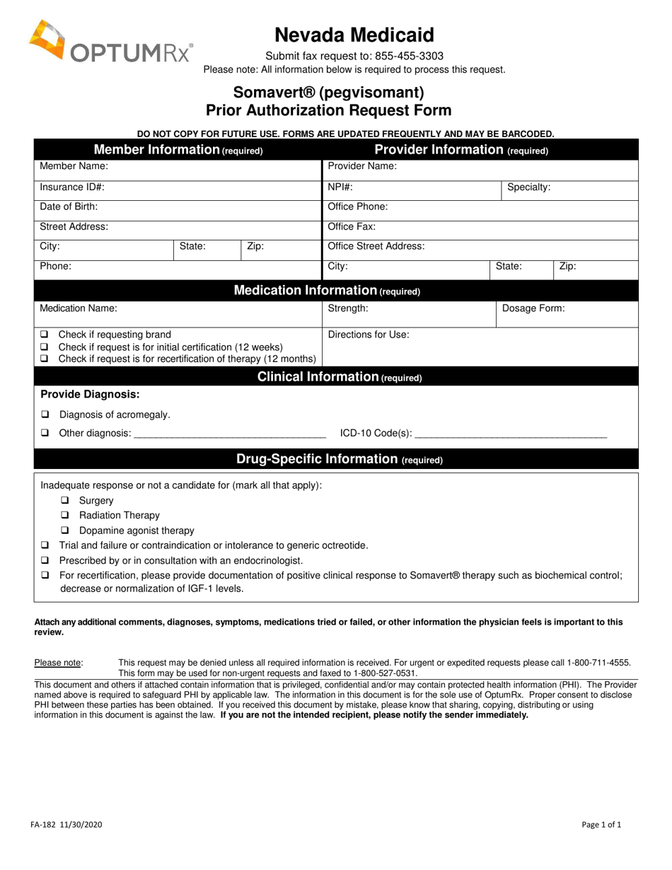 Form FA-182 Somavert (Pegvisomant) Prior Authorization Request Form - Nevada, Page 1