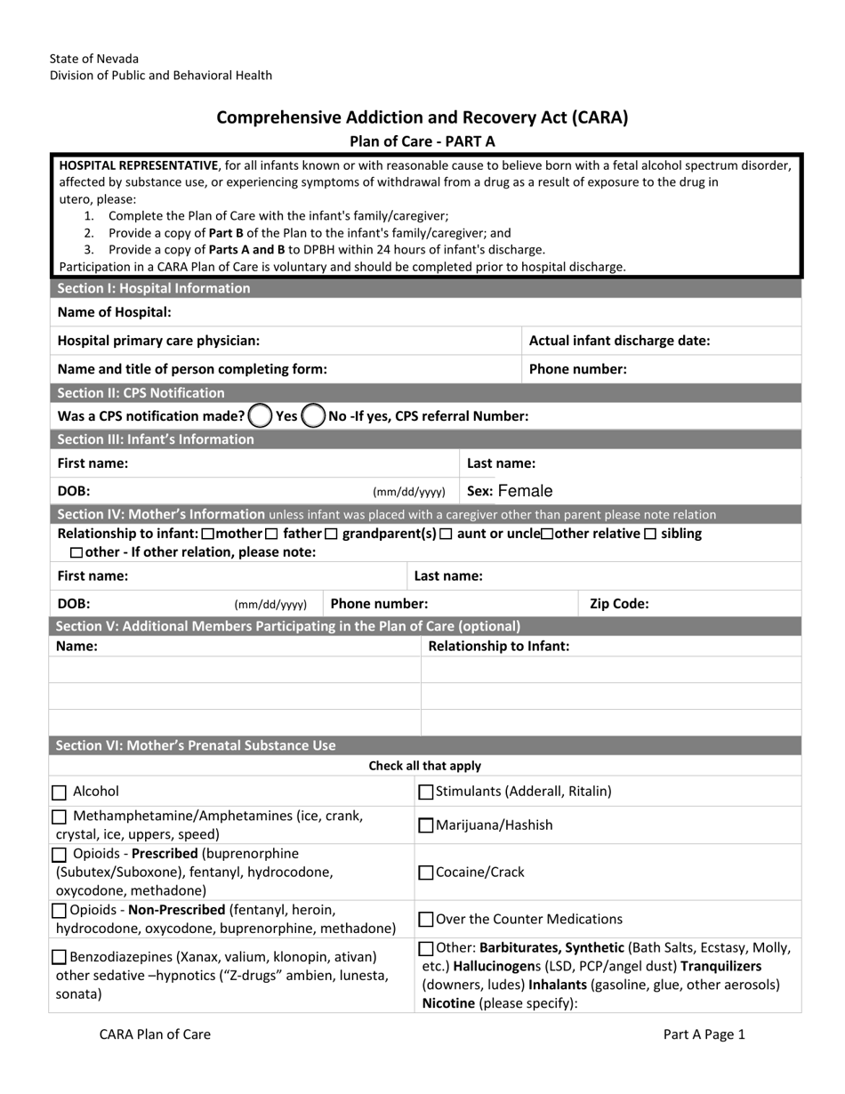 Comprehensive Addiction and Recovery Act (Cara) Plan of Care - Nevada, Page 1