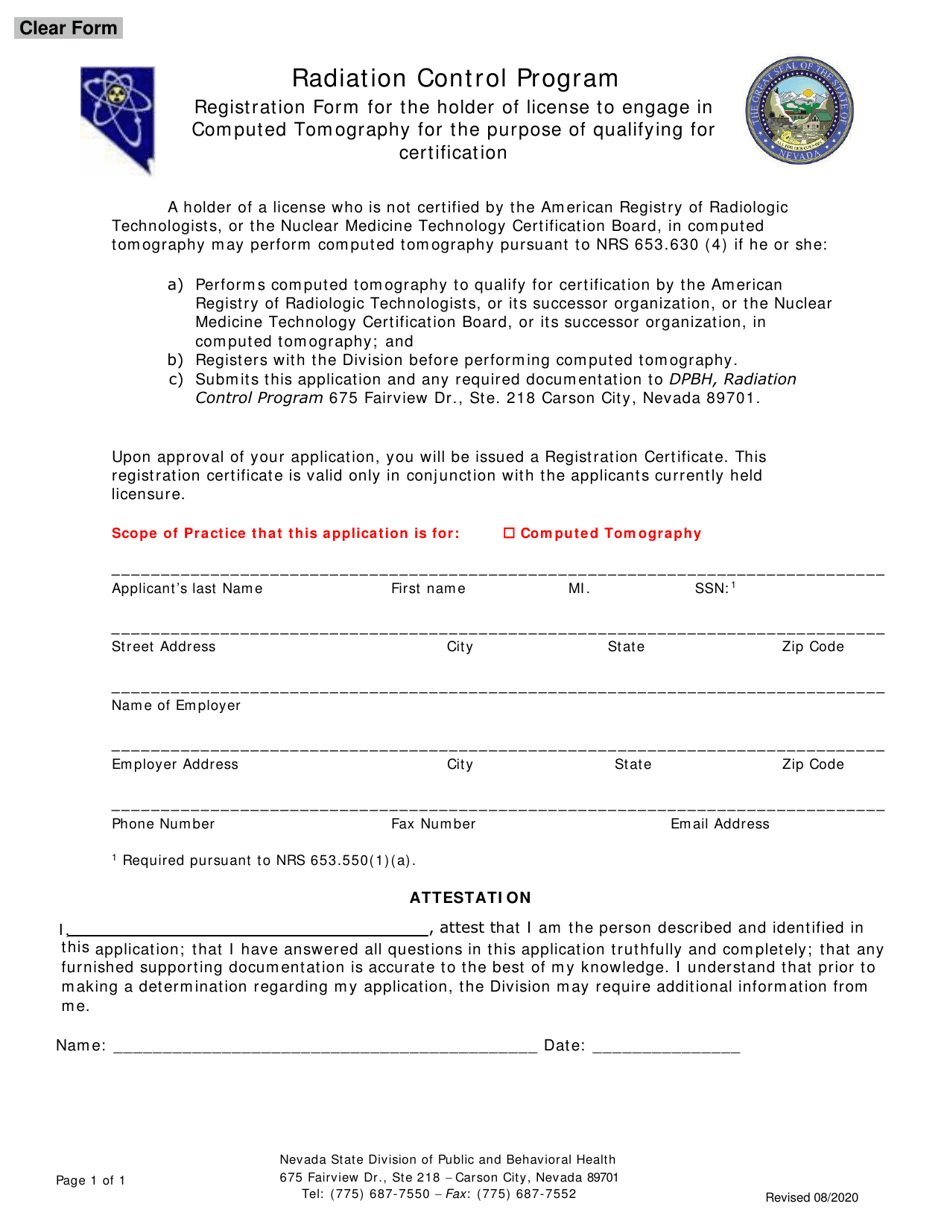 Radiation Control Program Registration Form for the Holder of License to Engage in Computed Tomography for the Purpose of Qualifying for Certification - Nevada, Page 1