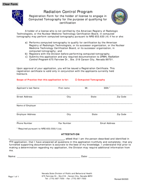 Radiation Control Program Registration Form for the Holder of License to Engage in Computed Tomography for the Purpose of Qualifying for Certification - Nevada Download Pdf