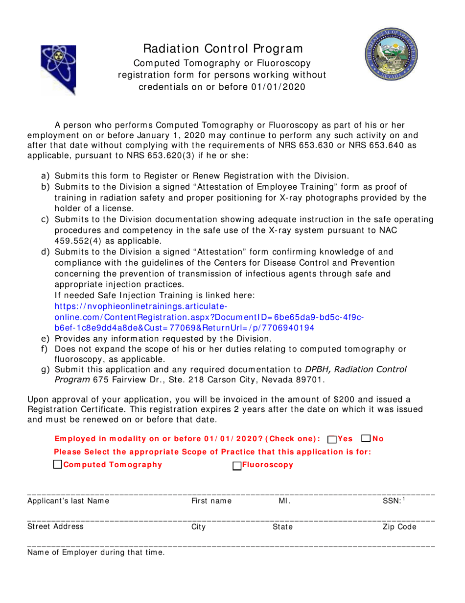 Radiation Control Program Computed Tomography or Fluoroscopy Registration Form for Persons Working Without Credentials on or Before 01 / 01 / 2020 - Nevada, Page 1