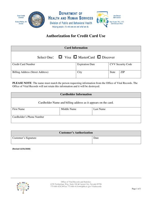 Authorization for Credit Card Use - Nevada Download Pdf