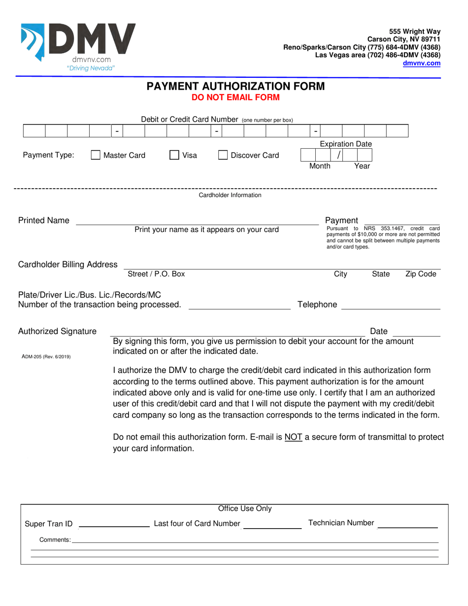 Form ADM205 Payment Authorization Form - Nevada, Page 1