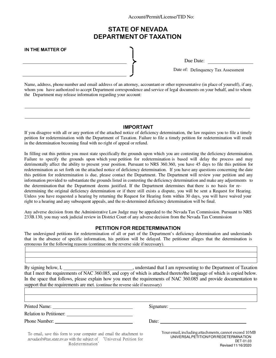 Form DET-01.03 Universal Petition for Redetermination - Nevada, Page 1