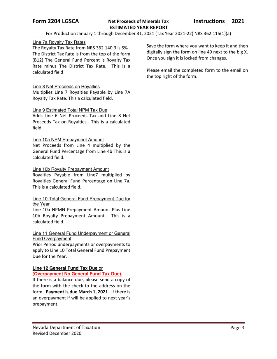 Instructions for Form 2204 LGSCA Net Proceeds of Minerals Tax Estimated Year Report - Nevada, Page 3