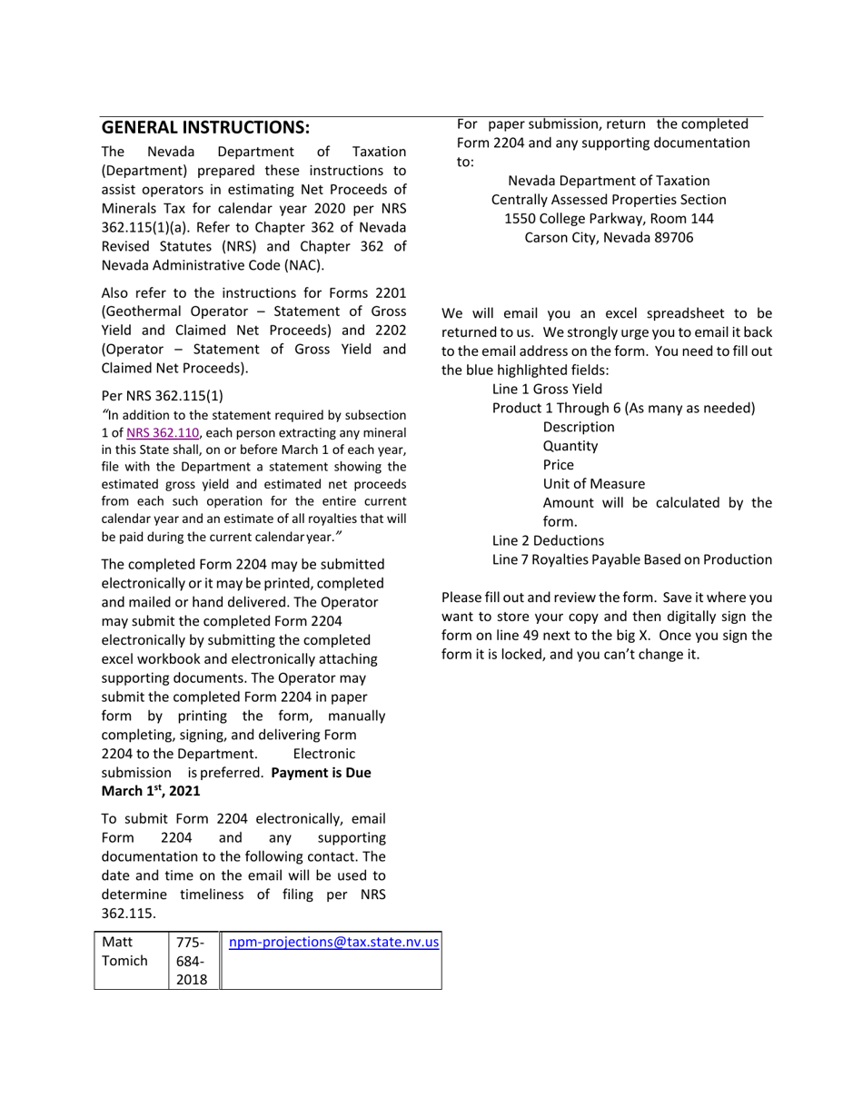 Instructions for Form 2204 LGSCA Net Proceeds of Minerals Tax Estimated Year Report - Nevada, Page 4