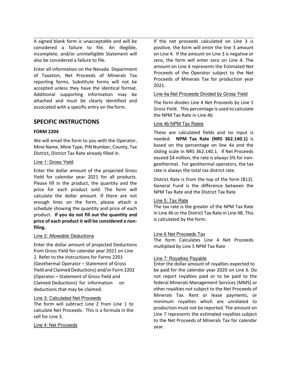 Instructions for Form 2204 LGSCA Net Proceeds of Minerals Tax Estimated Year Report - Nevada, Page 5