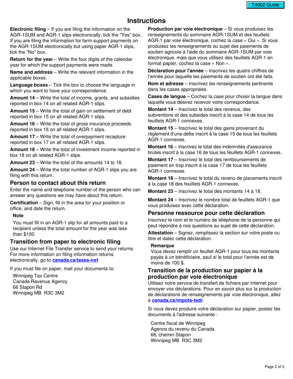 Form AGR-1 SUM Return of Farm-Support Payment - Canada (English / French), Page 2