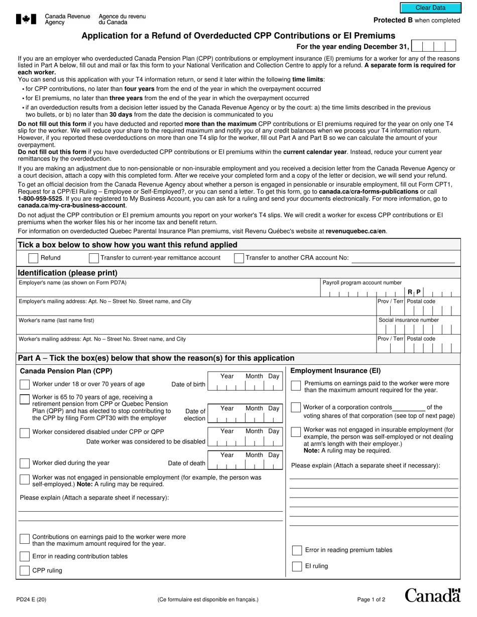 Form PD24 Application for a Refund of Overdeducted Cpp Contributions or Ei Premiums - Canada, Page 1