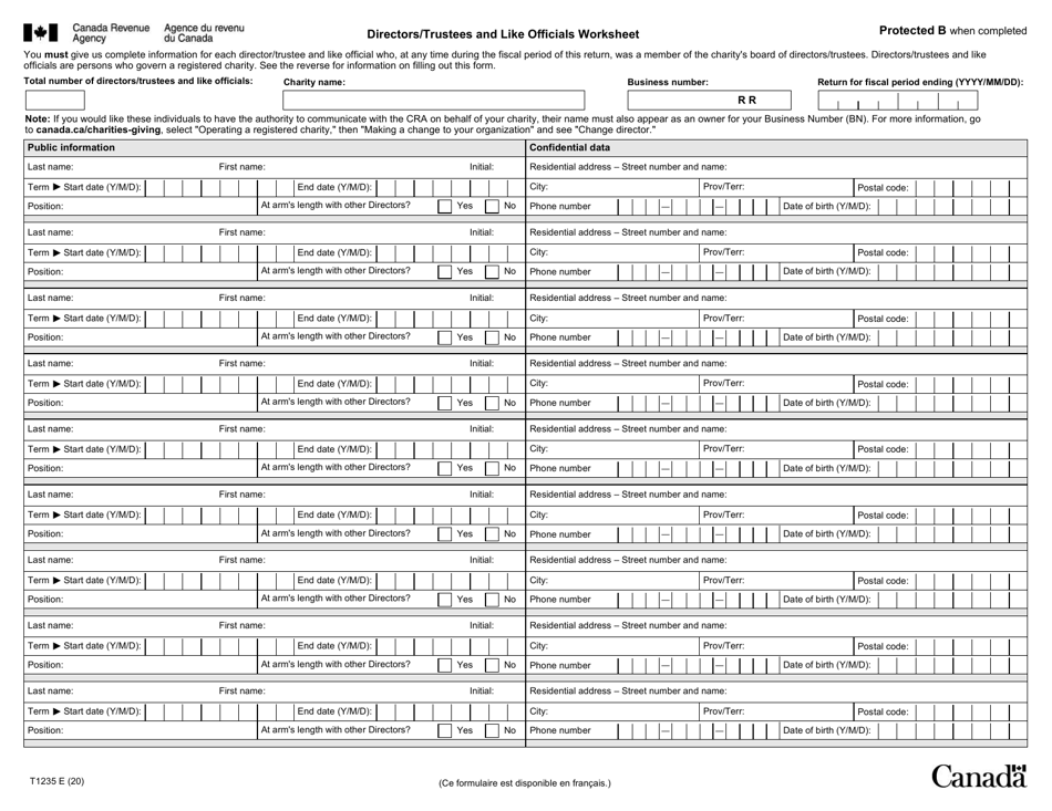 Form T1235 Directors / Trustees and Like Officials Worksheet - Canada, Page 1