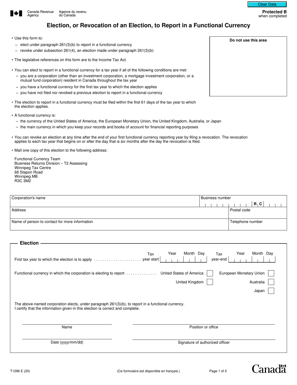 Form T1296 Election, or Revocation of an Election, to Report in a Functional Currency - Canada, Page 1