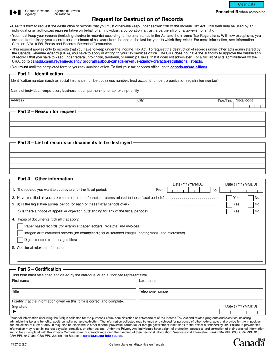 Form T137 Request for Destruction of Records - Canada, Page 1