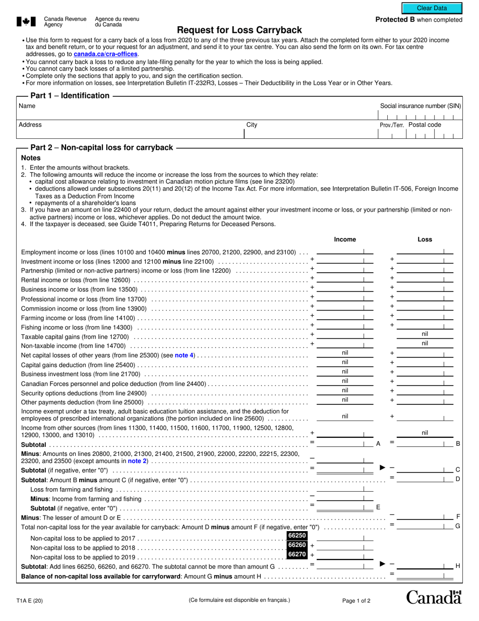 Form T1A Request for Loss Carryback - Canada, Page 1