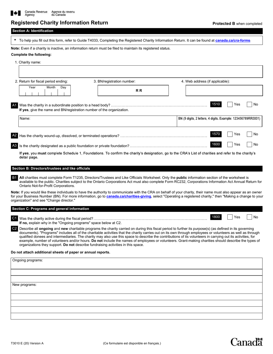 Form T3010 Registered Charity Information Return - Canada, Page 1