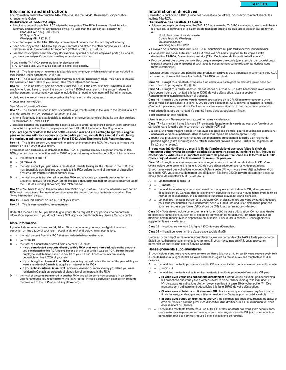 Form T4A-RCA Statement of Distributions From a Retirement Compensation Arrangement (Rca) - Canada (English / French), Page 2