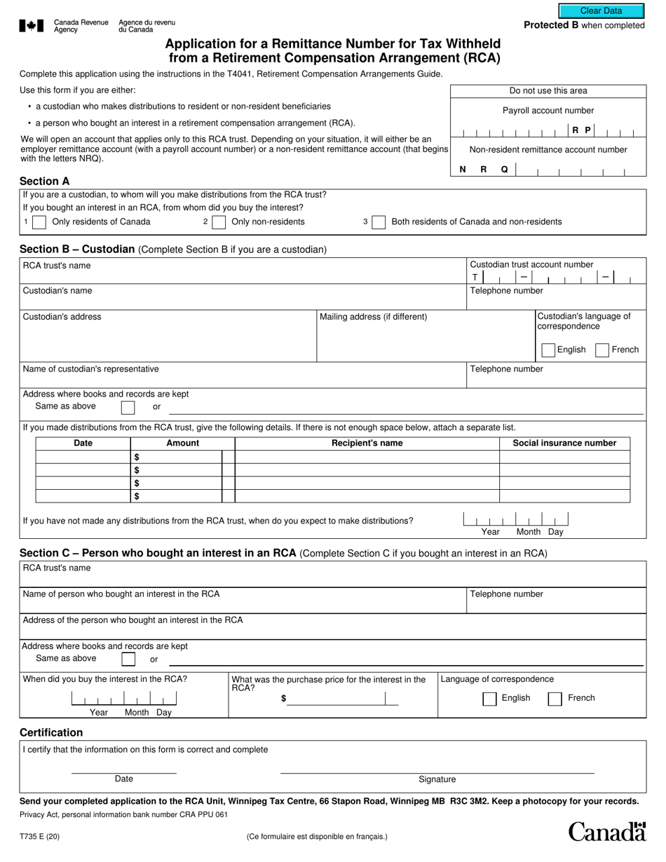 Form T735 Application for a Remittance Number for Tax Withheld From a Retirement Compensation Arrangement (Rca) - Canada, Page 1