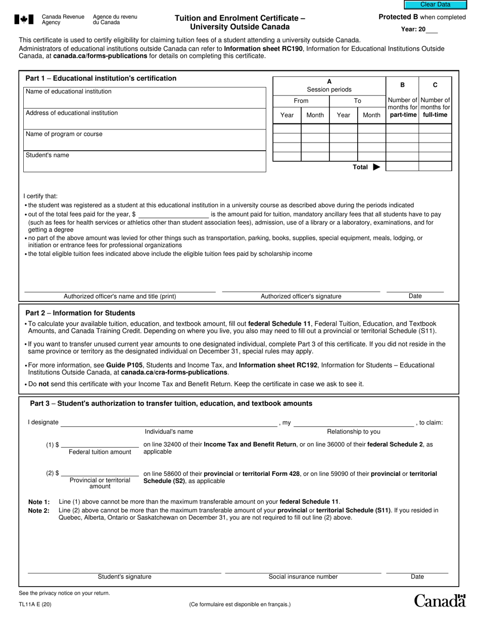 Form TL11A Tuition and Enrolment Certificate - University Outside Canada - Canada, Page 1