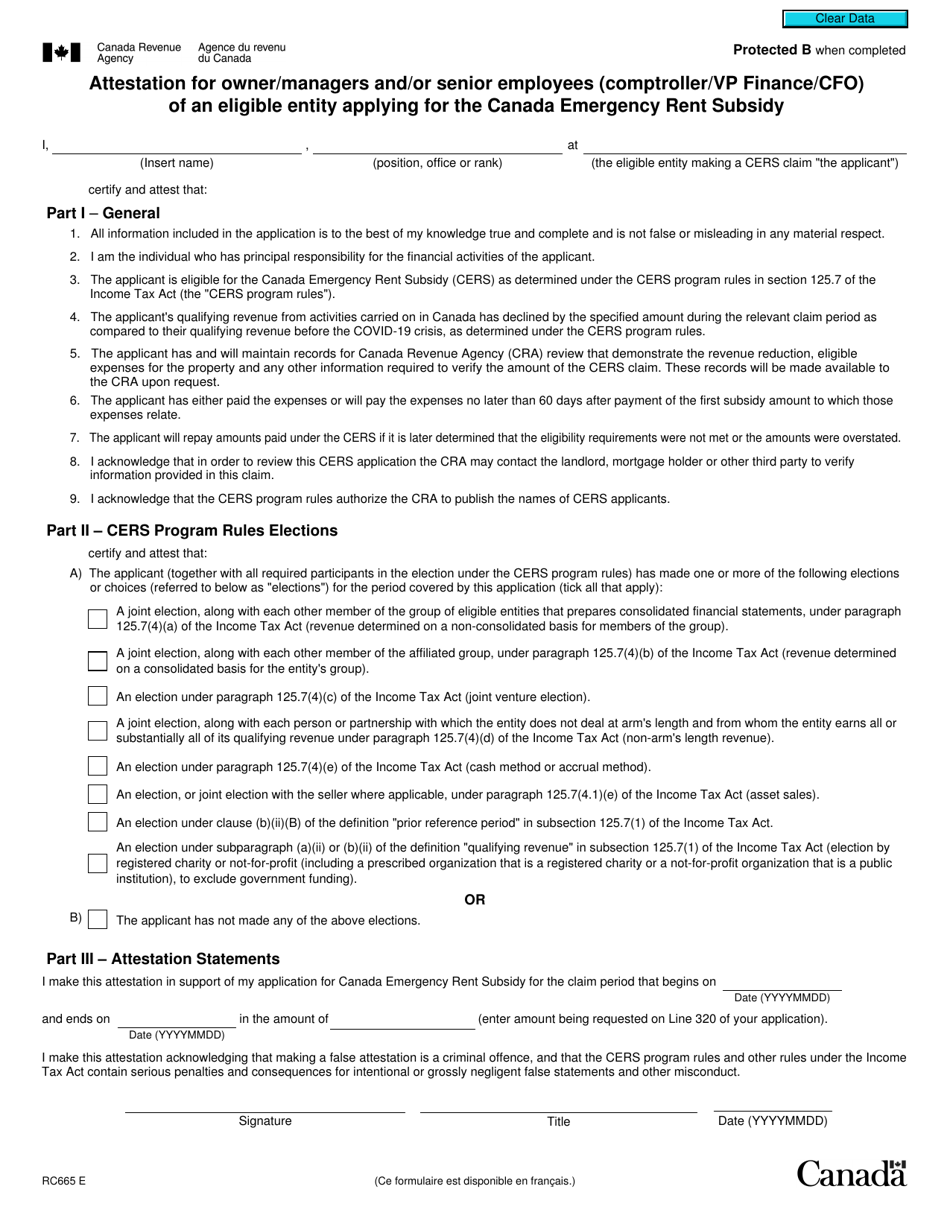 Form RC665 Attestation for Owner / Managers and / or Senior Employees (Comptroller / Vp Finance / Cfo) of an Eligible Entity Applying for the Canada Emergency Rent Subsidy - Canada, Page 1