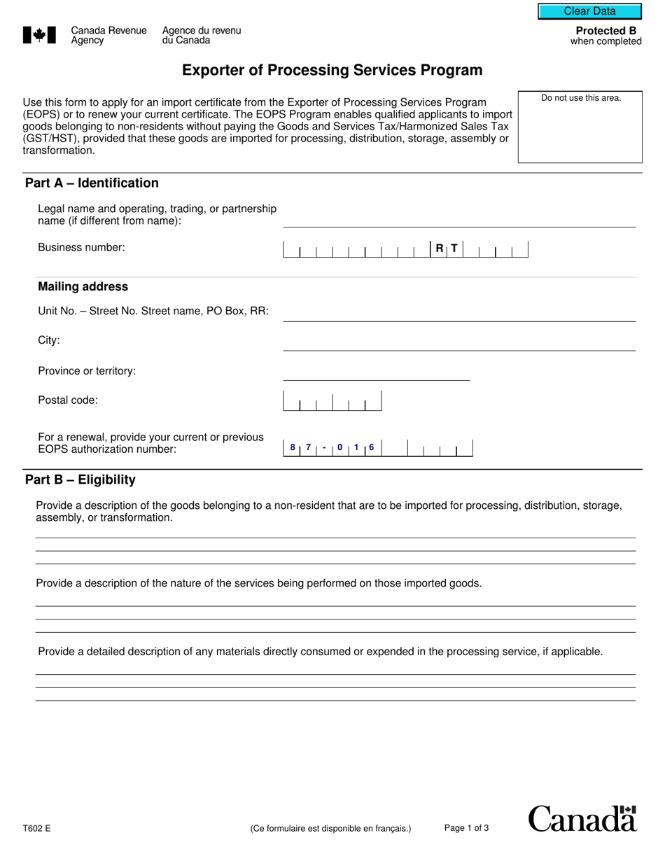 Form T602 Exporter of Processing Services Program - Canada, Page 1