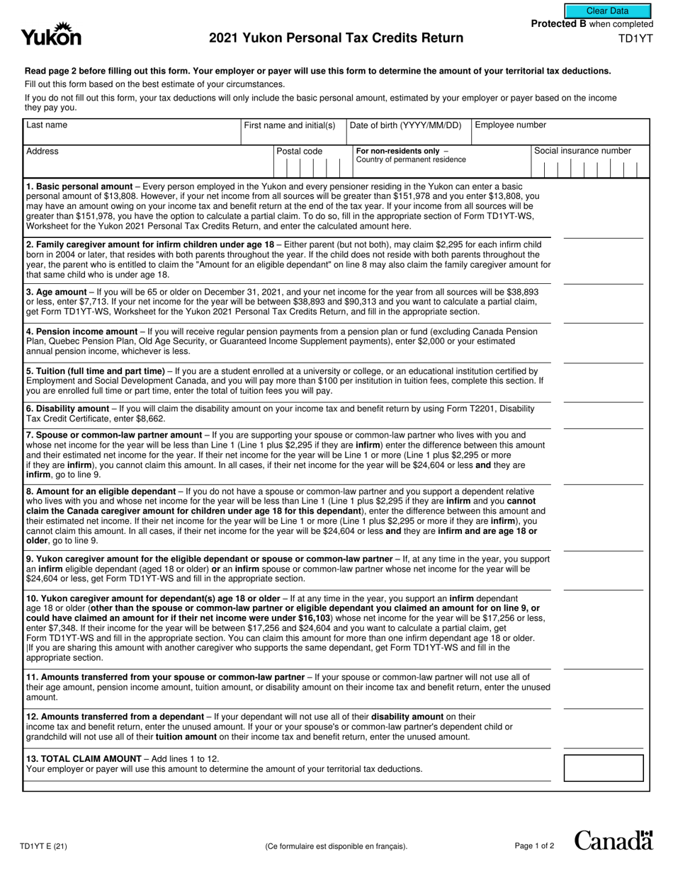 Form Td1yt 2021 Fill Out Sign Online And Download Fillable Pdf Canada Templateroller 8204