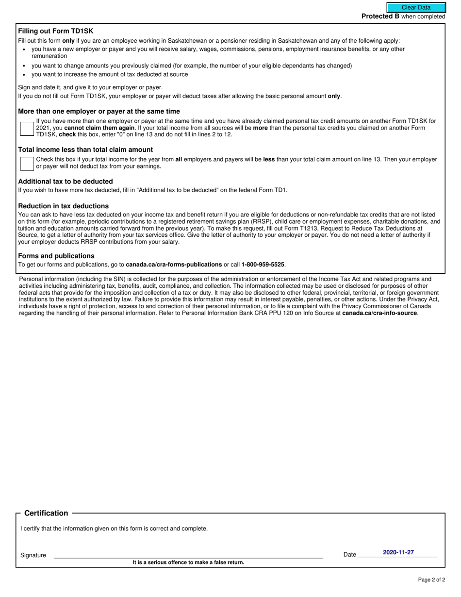 Form TD1SK 2021 Fill Out, Sign Online and Download Fillable PDF